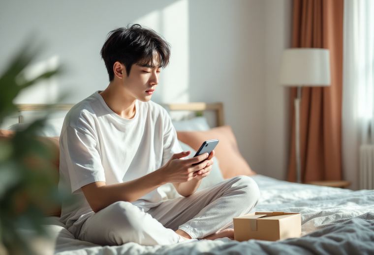 집 소파에 앉아 휴대폰으로 신청하는 모습